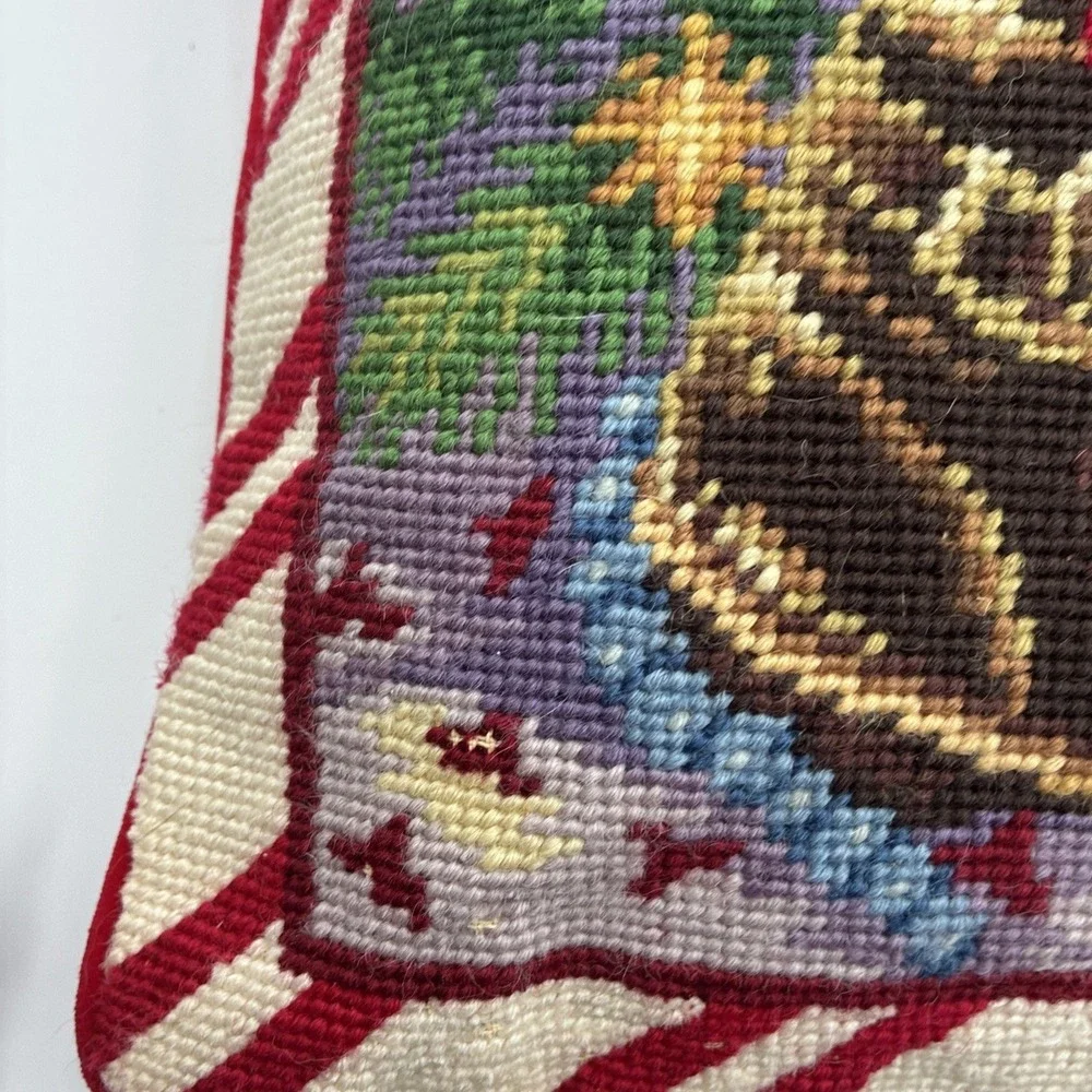 Vintage Christmas Needlepoint Pillow Golden Retriever Puppy in Boot Red Velvet